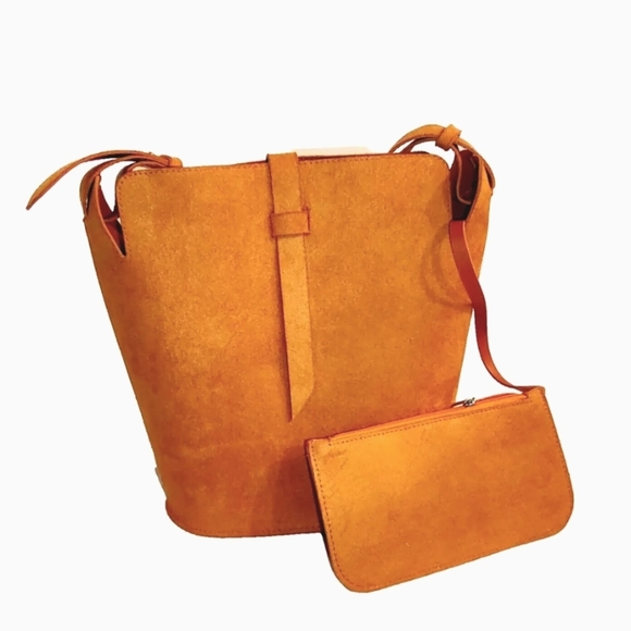 LAILA GEIR NESS Vegan Suede Orange Boho Style Bucket Bag With Coin Purse.NWOT - Picture 1 of 14